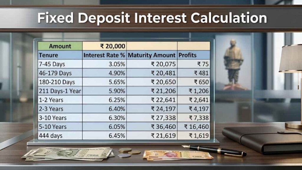 Fixed Deposit Interest Calculation ₹20,000 Investment for 10 Years with Example Returns